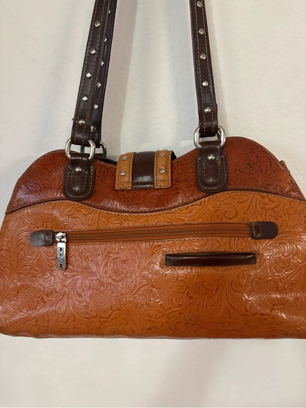 MC Marc Chantal Brown Leather Embossed Floral Purse Shoulder Bag Silver Western
